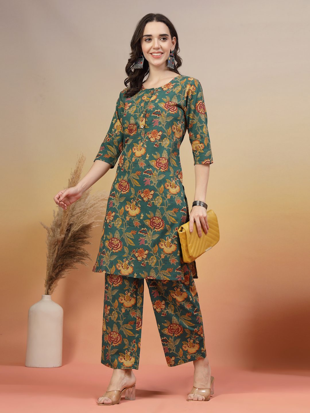 Ensemble Kurta et Palazzo en coton jaune moutarde pour femme