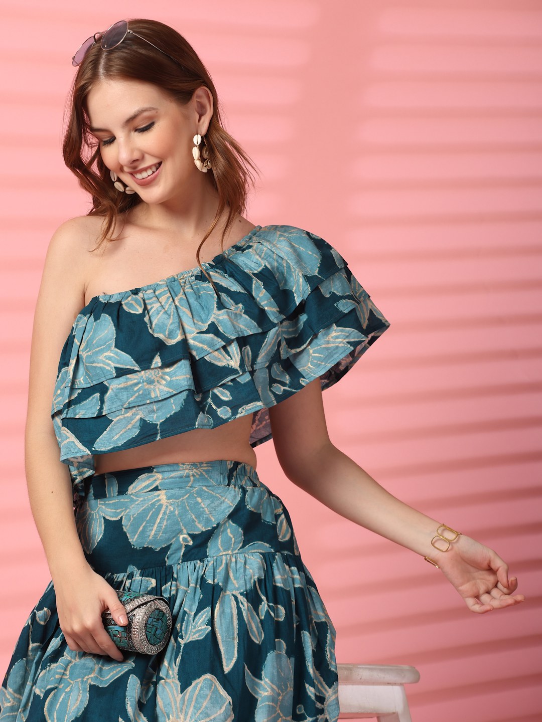 Ruffled Sleeve Cotton Co-Ord Outfit For Women