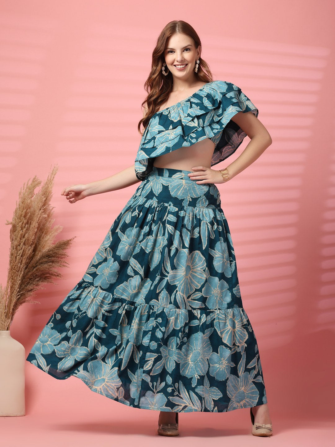 Ruffled Sleeve Cotton Co-Ord Outfit For Women