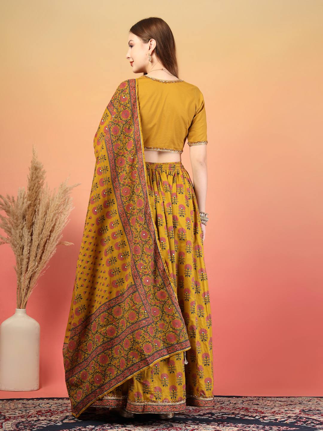 Mustard Festive Floral Printed Lehenga Choli Set with Dupatta for Women