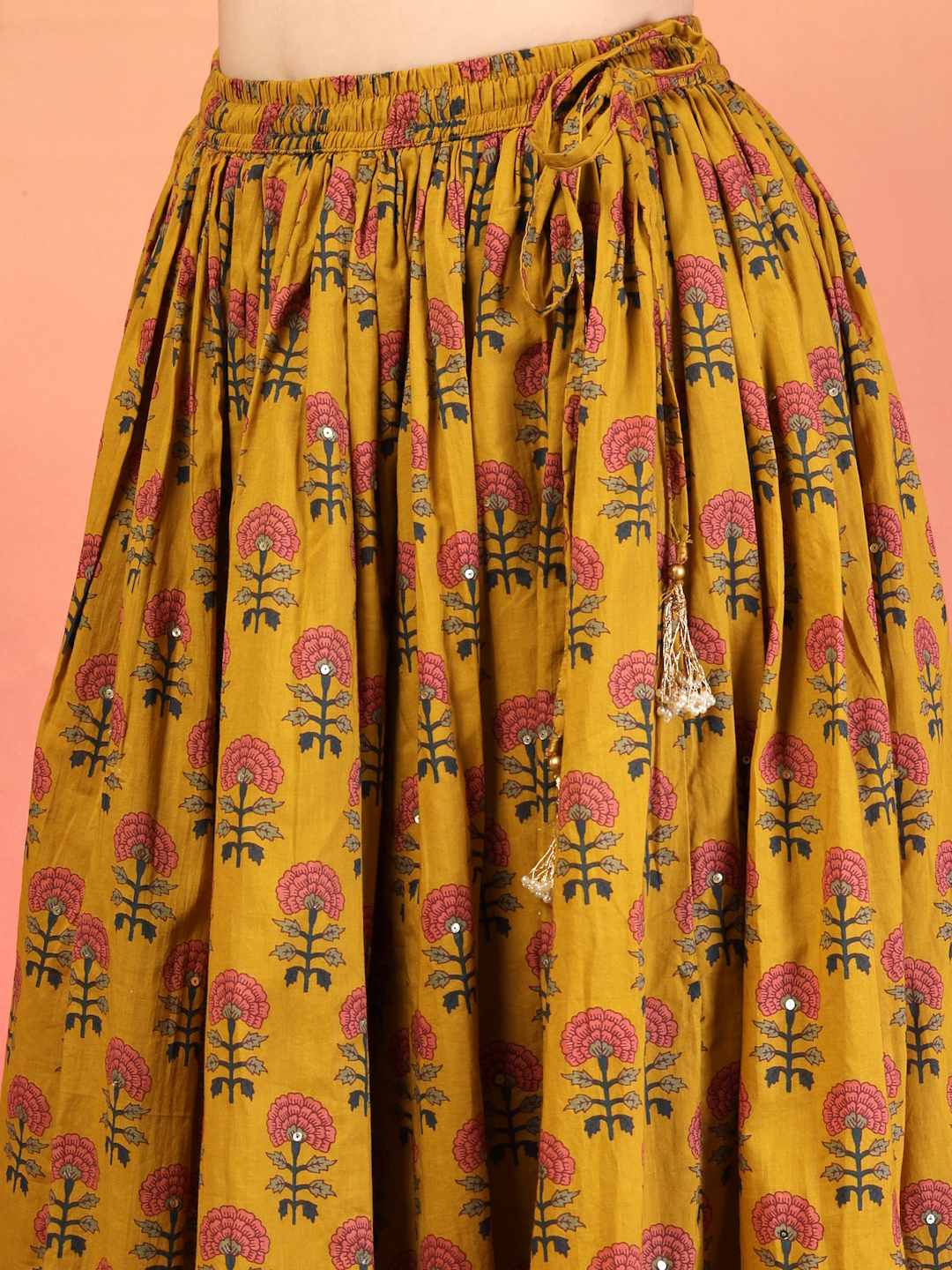 Mustard Festive Floral Printed Lehenga Choli Set with Dupatta for Women