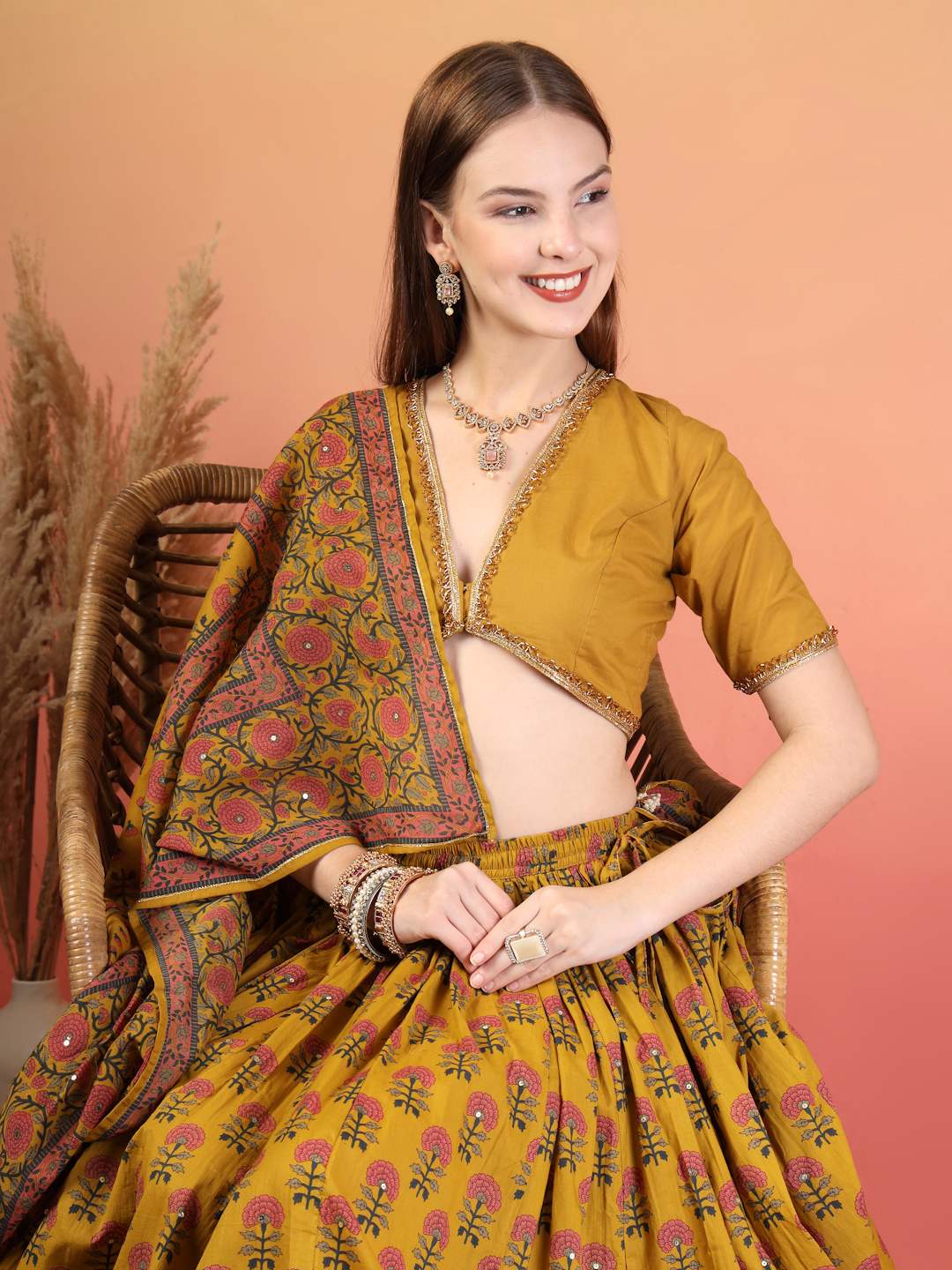 Mustard Festive Floral Printed Lehenga Choli Set with Dupatta for Women