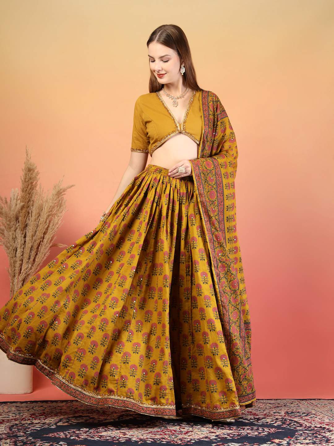 Mustard Festive Floral Printed Lehenga Choli Set with Dupatta for Women
