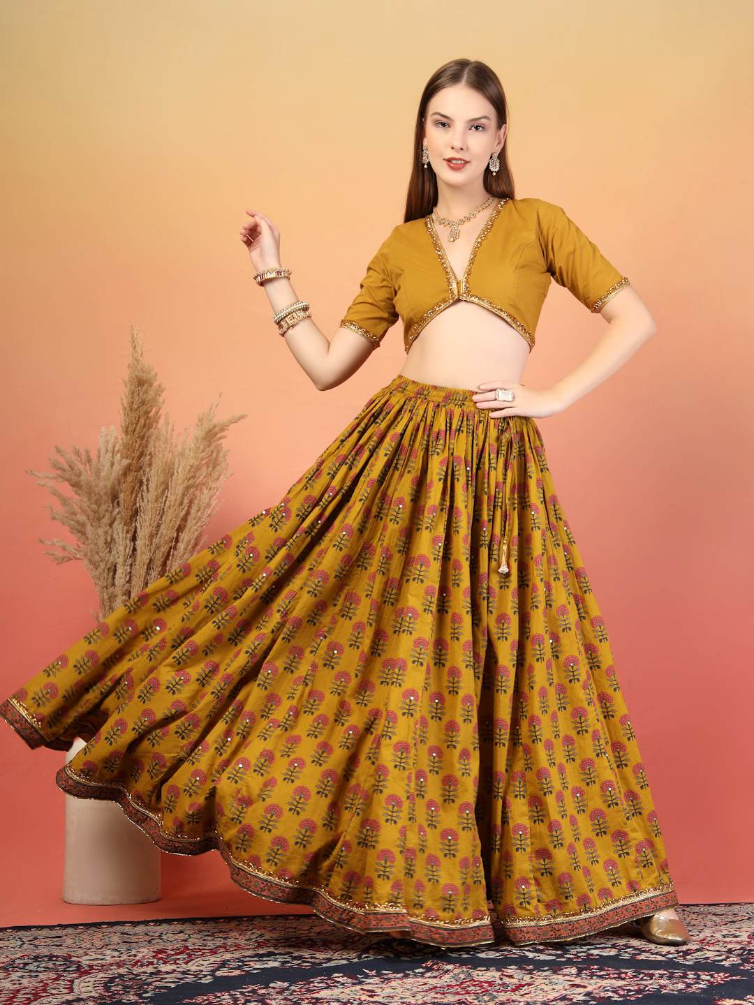 Mustard Festive Floral Printed Lehenga Choli Set with Dupatta for Women