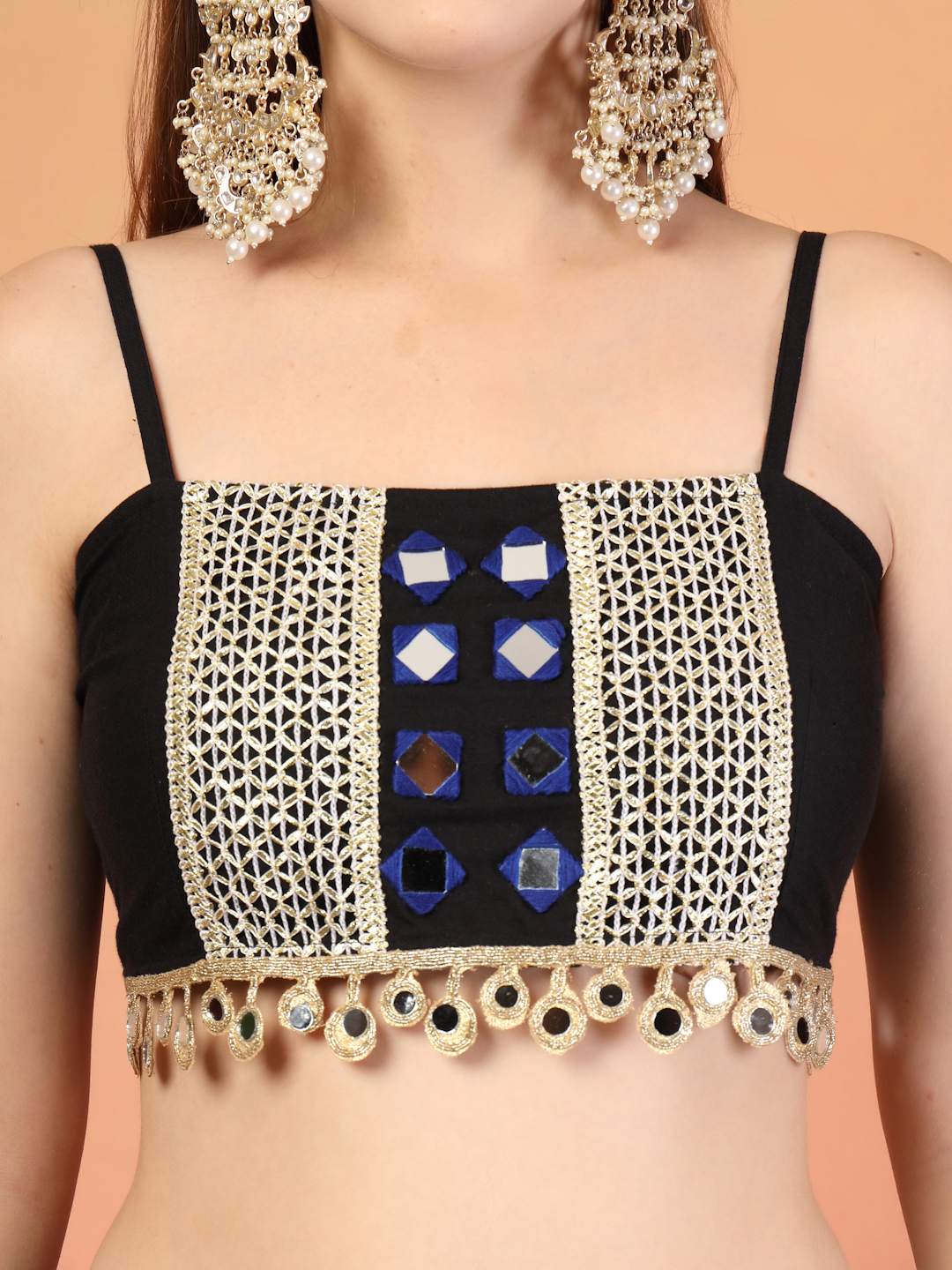 Navy Blue Traditional Mirror Work Cotton Lehenga Choli Set for Women