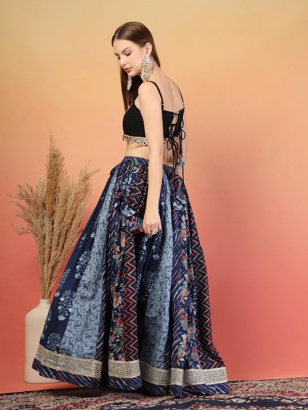 Navy Blue Traditional Mirror Work Cotton Lehenga Choli Set for Women