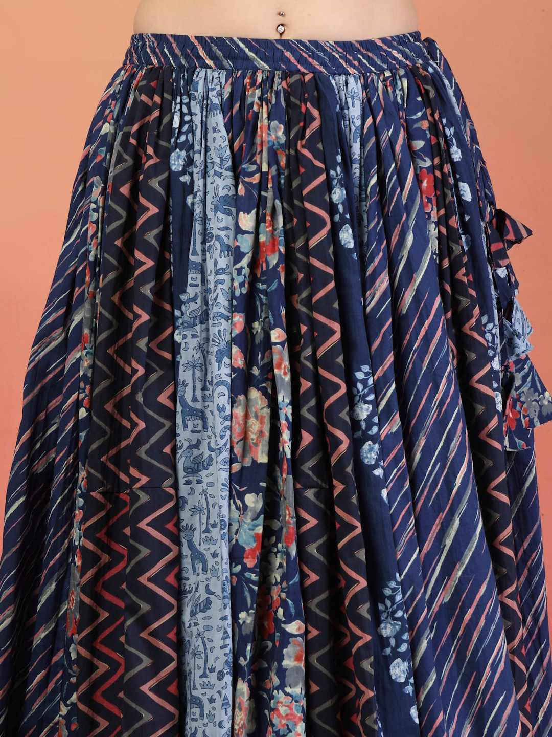 Navy Blue Traditional Mirror Work Cotton Lehenga Choli Set for Women