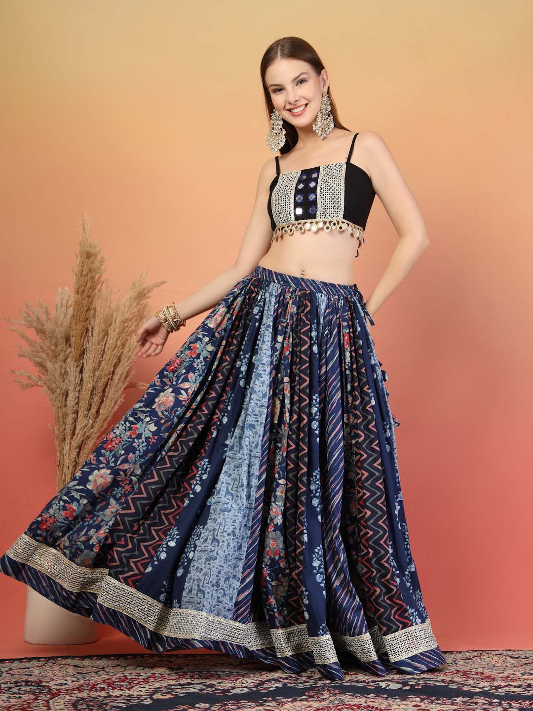 Navy Blue Traditional Mirror Work Cotton Lehenga Choli Set for Women