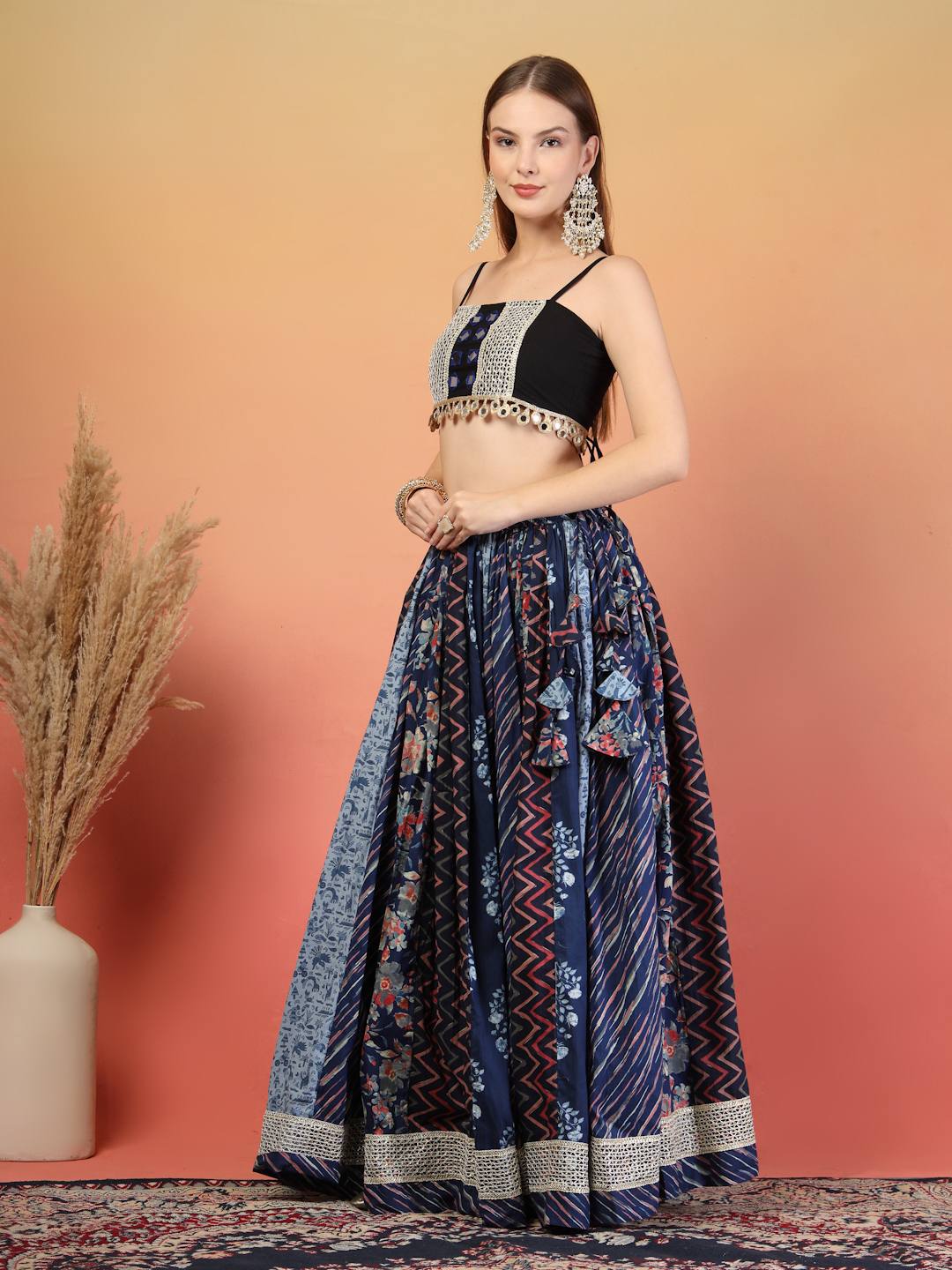 Navy Blue Traditional Mirror Work Cotton Lehenga Choli Set for Women