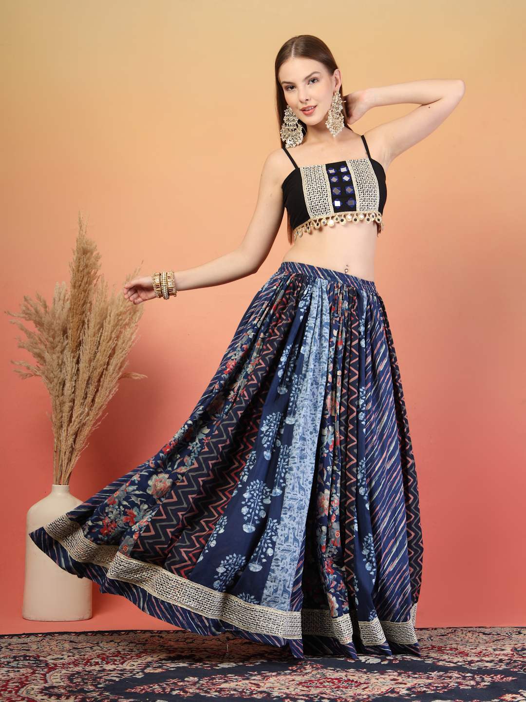 Navy Blue Traditional Mirror Work Cotton Lehenga Choli Set for Women