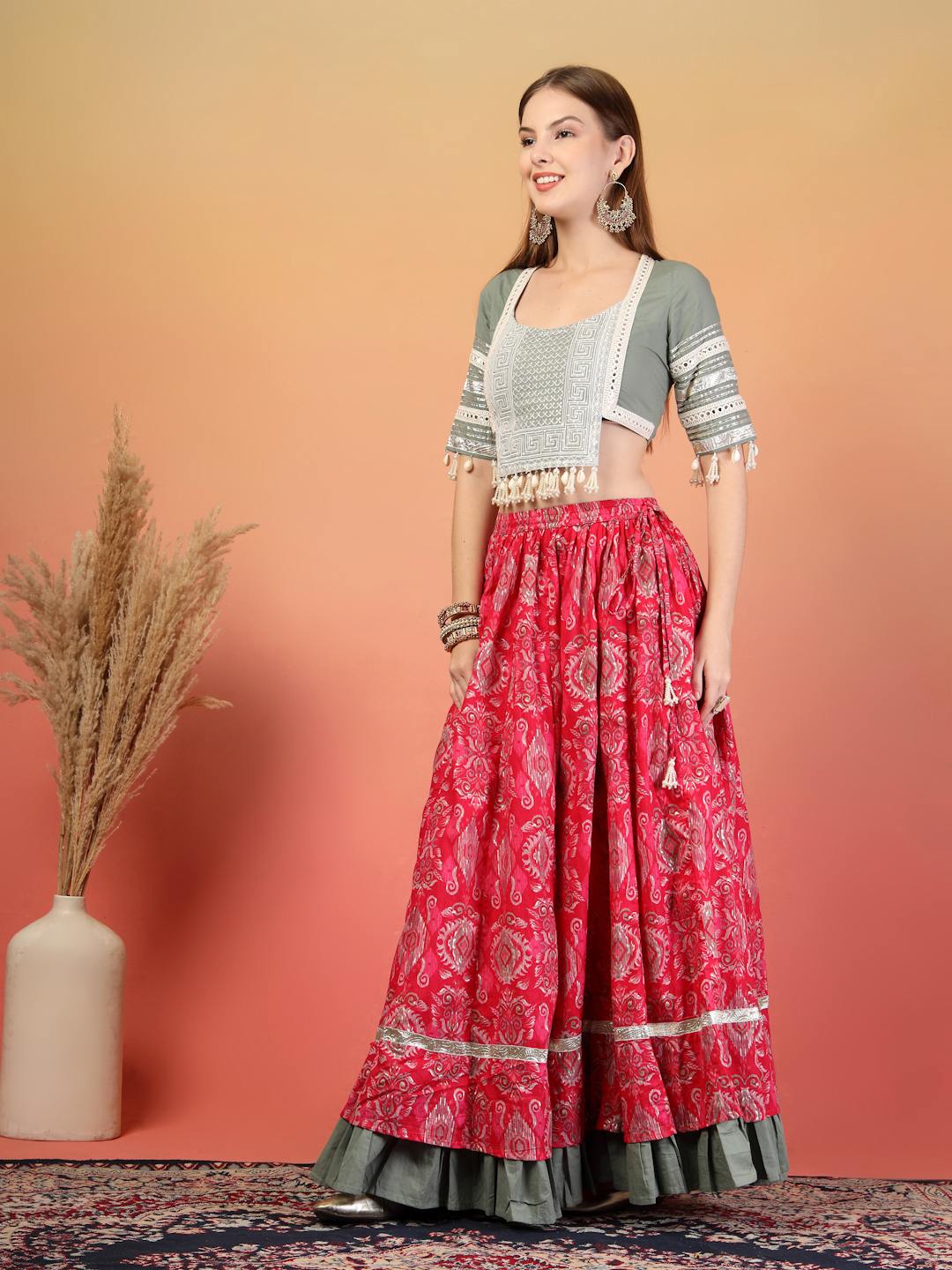 Frill Border Handcrafted Cotton Lehenga Choli Set For Women