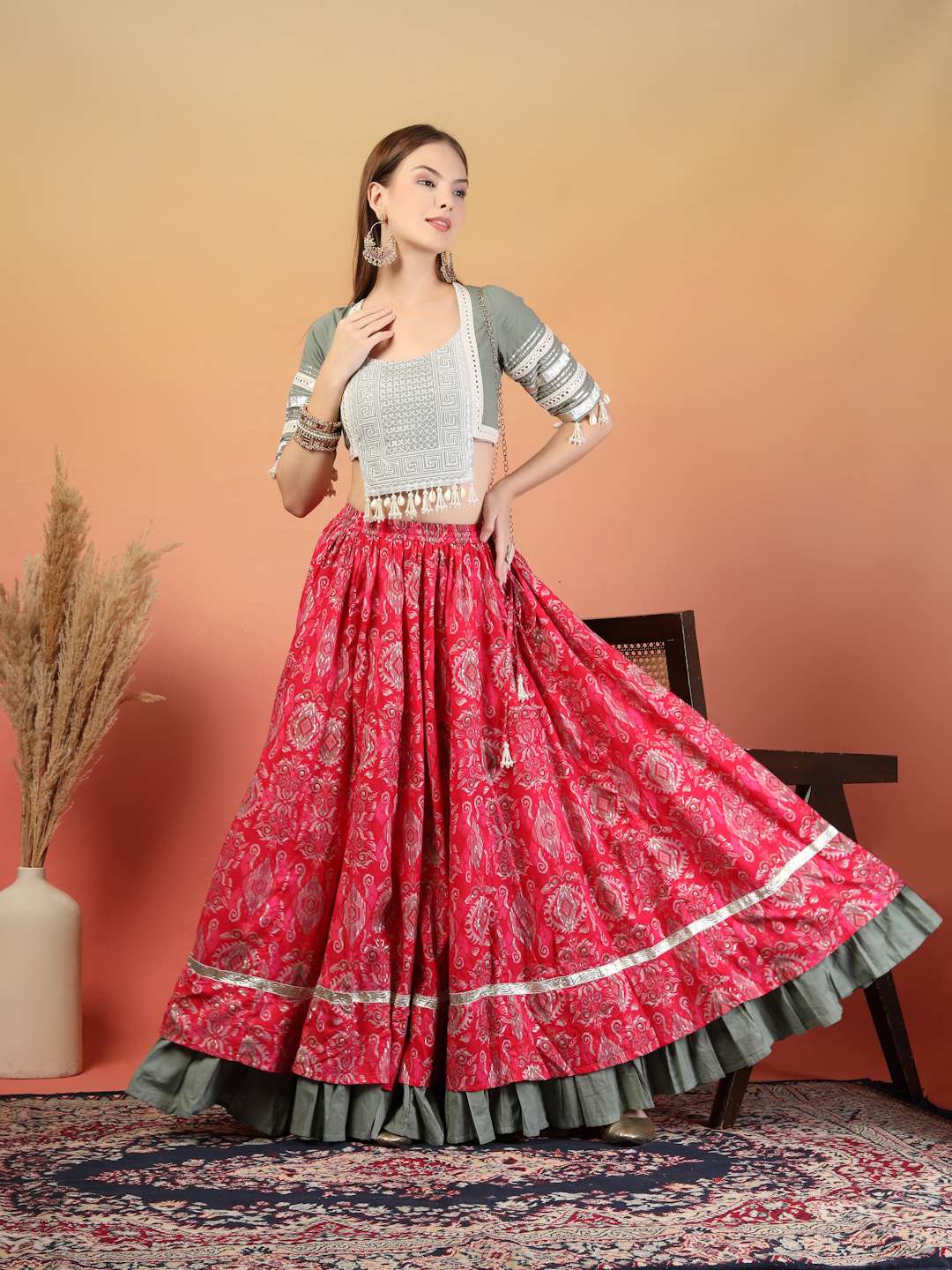 Frill Border Handcrafted Cotton Lehenga Choli Set For Women
