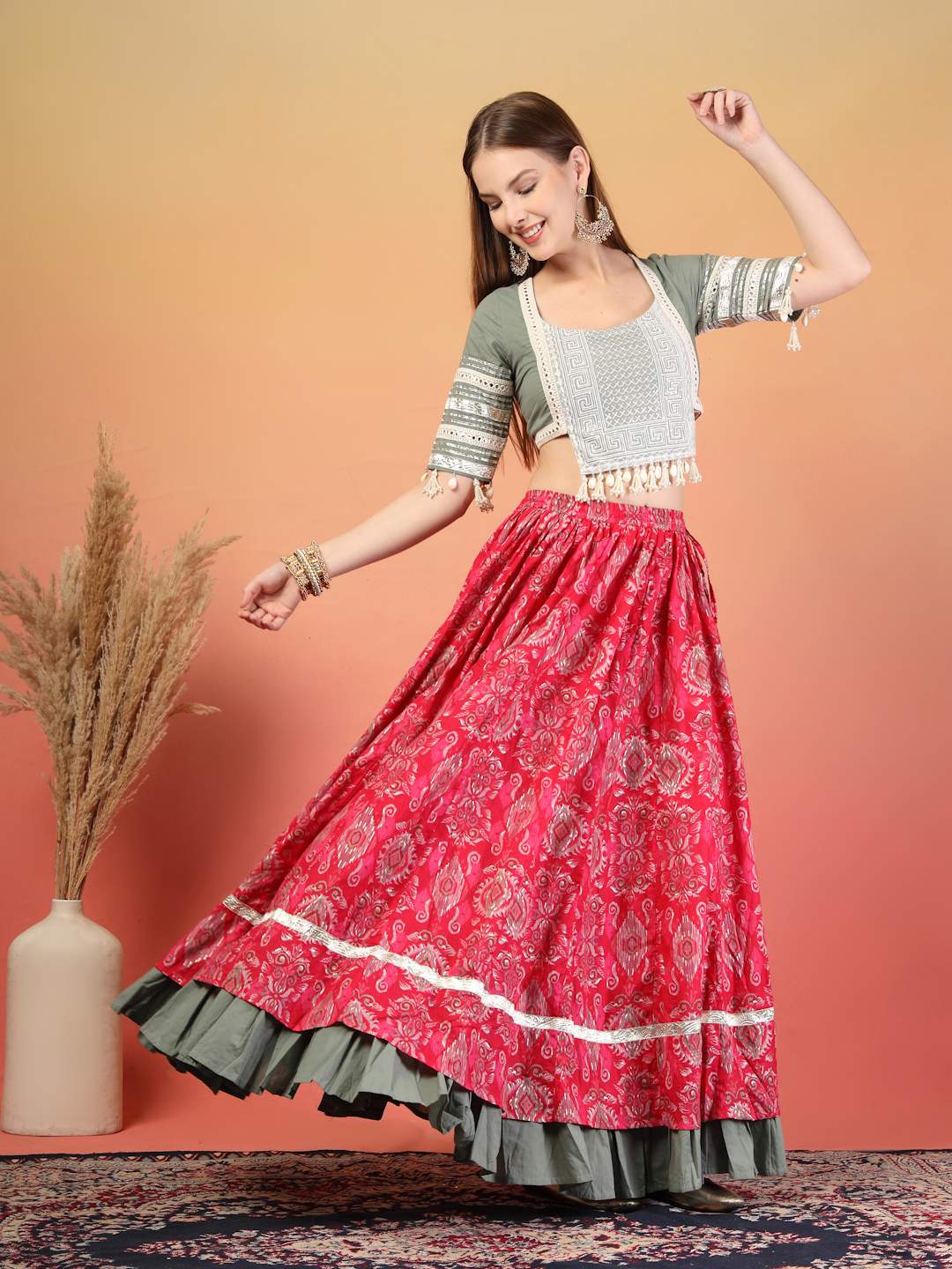 Frill Border Handcrafted Cotton Lehenga Choli Set For Women