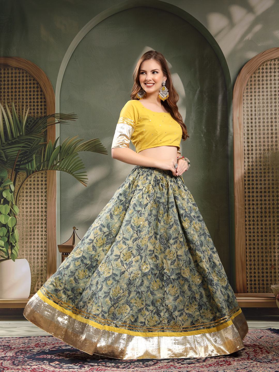 Heritage Style Gold Border Lehenga Choli Set For Women