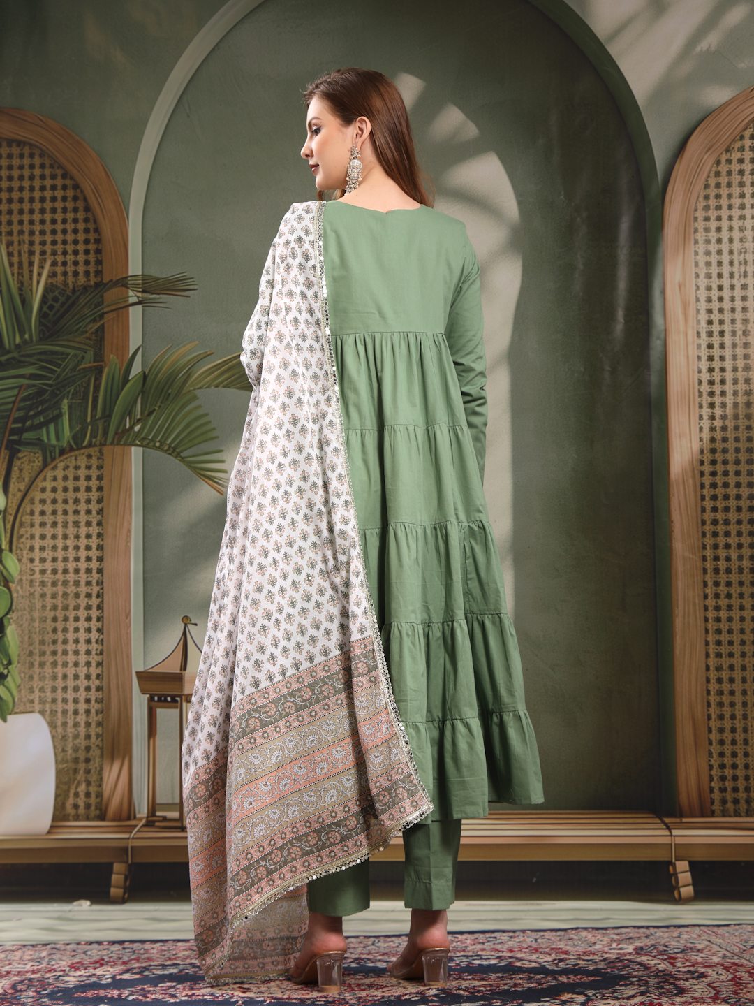Pure Cotton Layered Kurta Pants Dupatta Set For Women