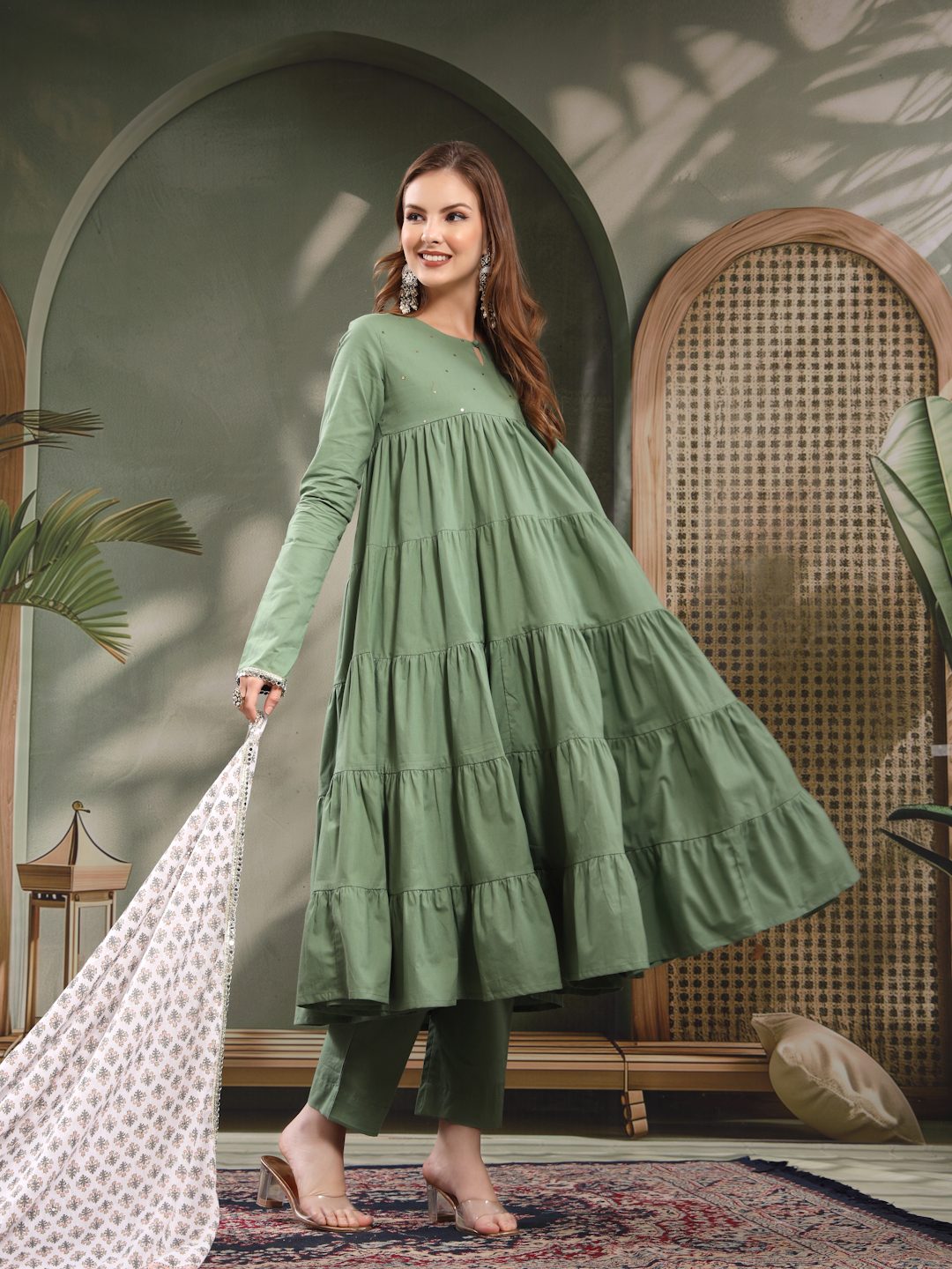 Pure Cotton Layered Kurta Pants Dupatta Set For Women
