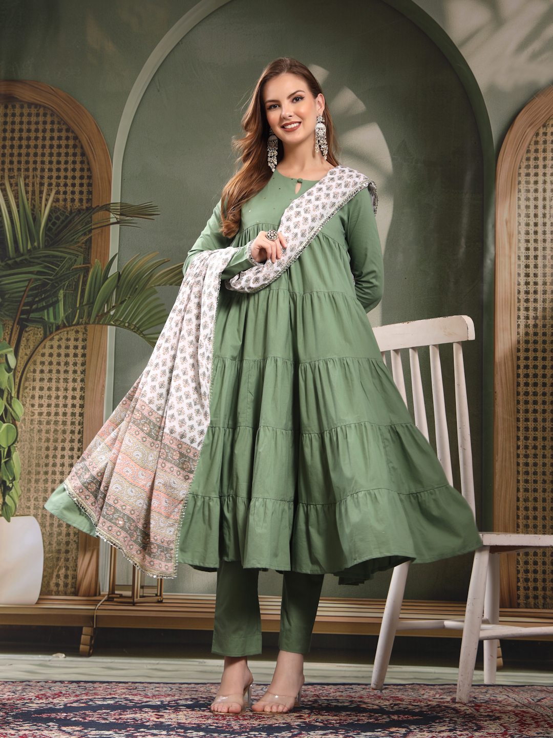 Pure Cotton Layered Kurta Pants Dupatta Set For Women