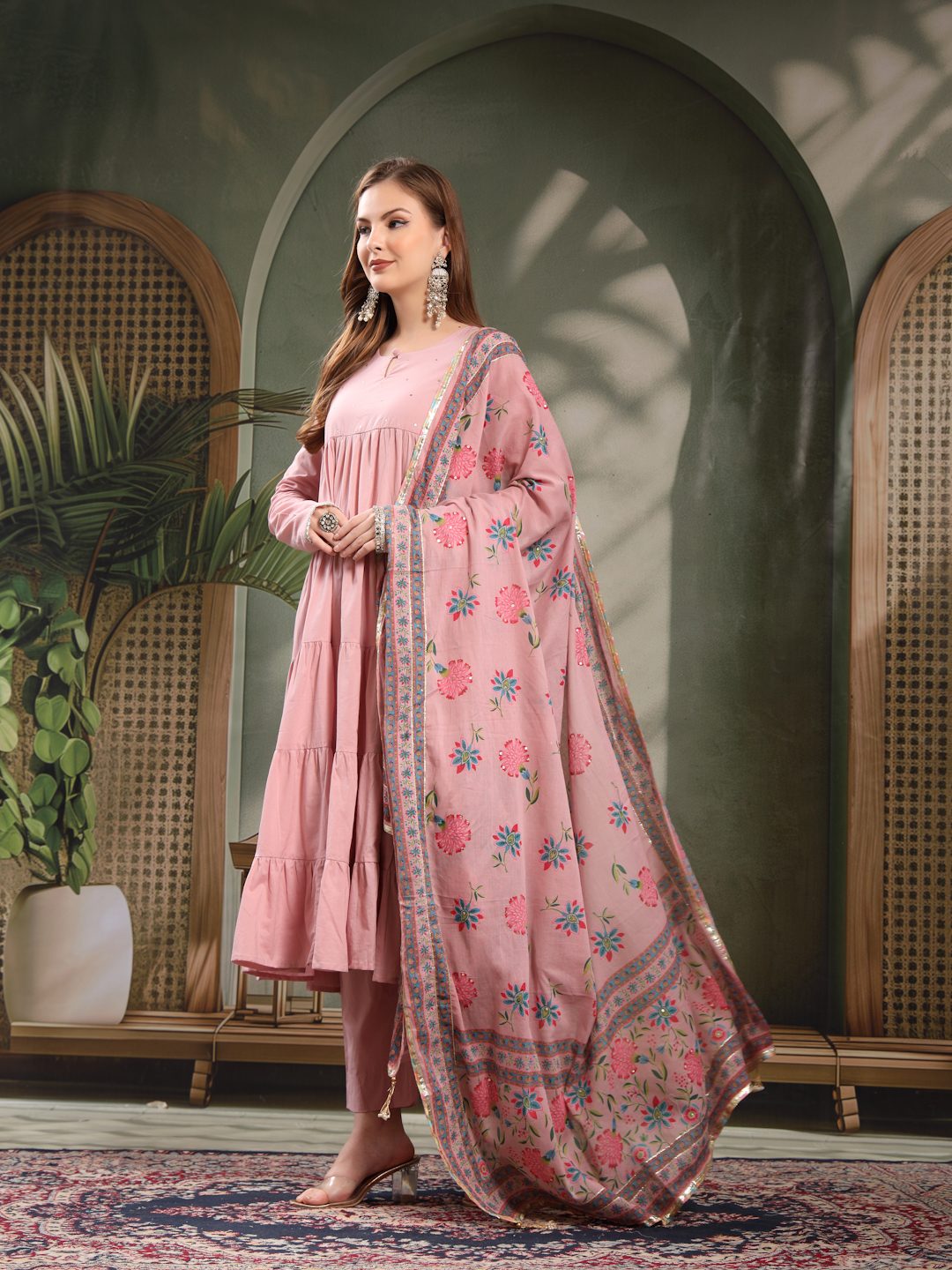 Tiered Kurta With Cotton Pants And Dupatta For Women