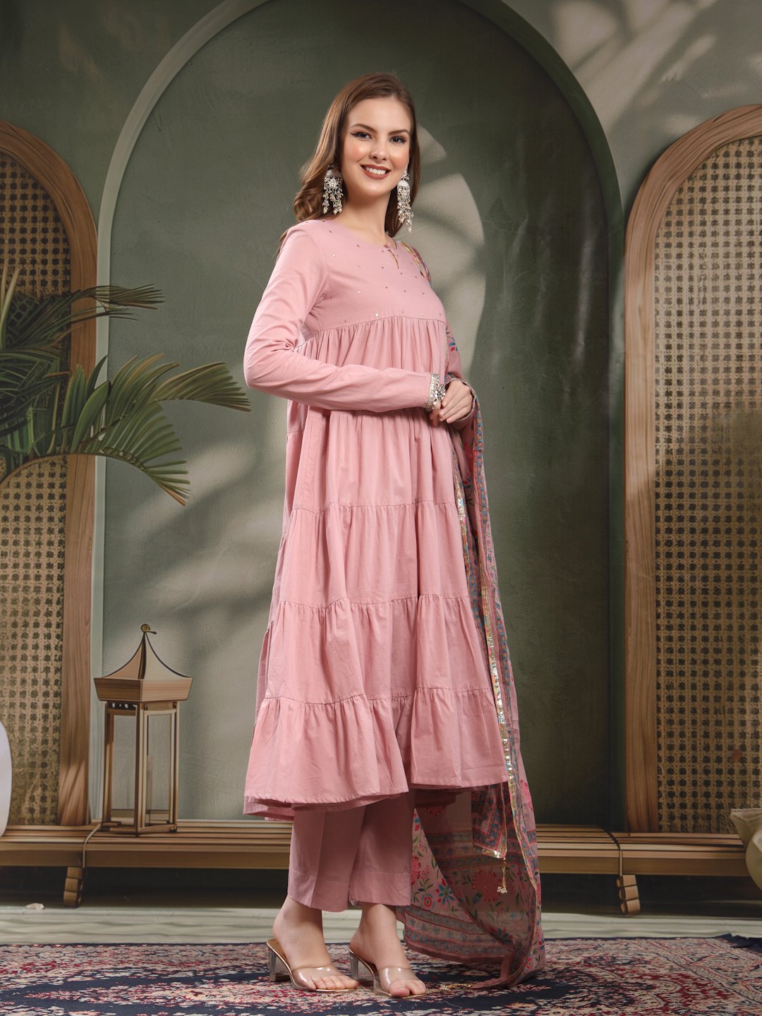 Tiered Kurta With Cotton Pants And Dupatta For Women