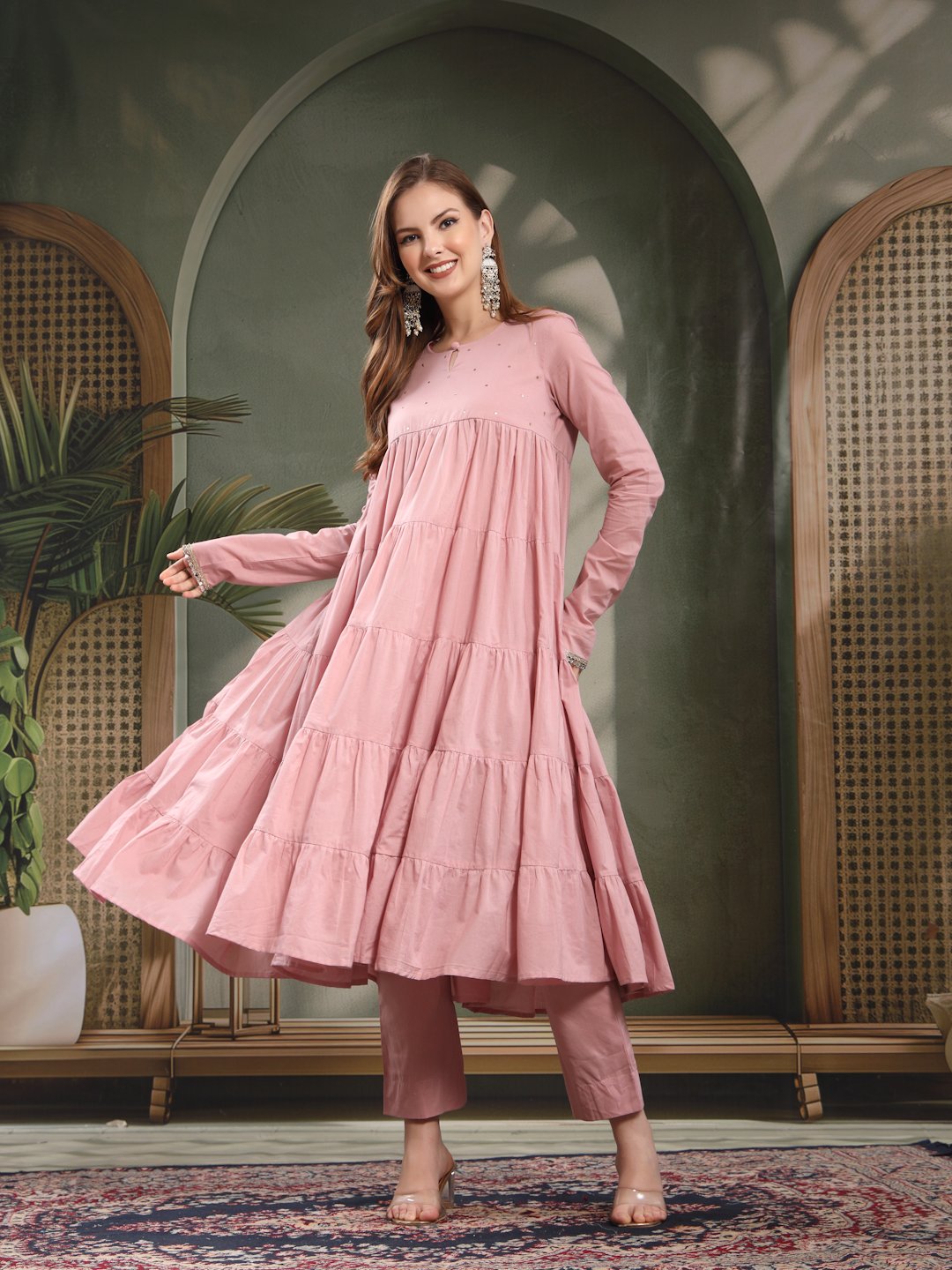 Tiered Kurta With Cotton Pants And Dupatta For Women