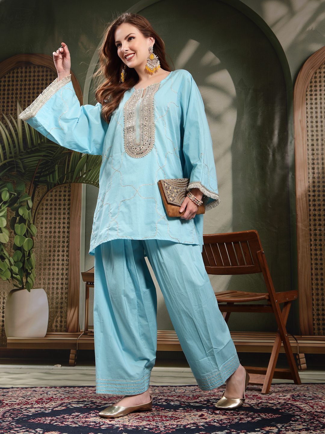 Oversized Cotton Mirror Work Kurta Salwar Set For Women