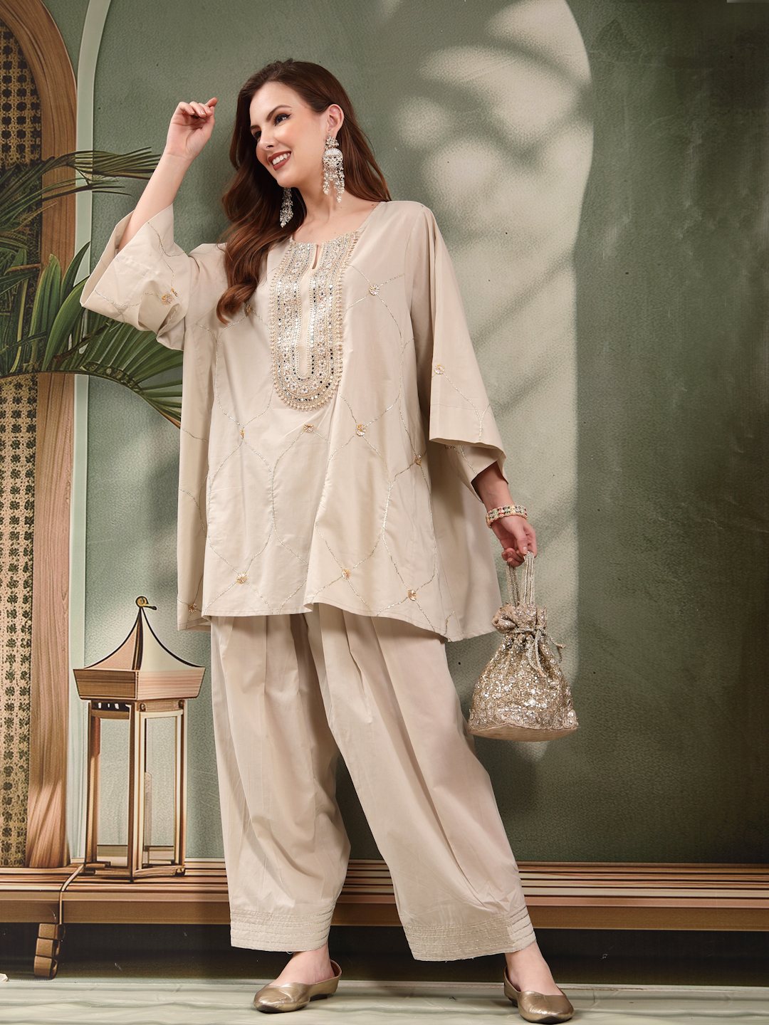 Oversized Embroidered Yoke Cotton Kurta Salwar Set For Women