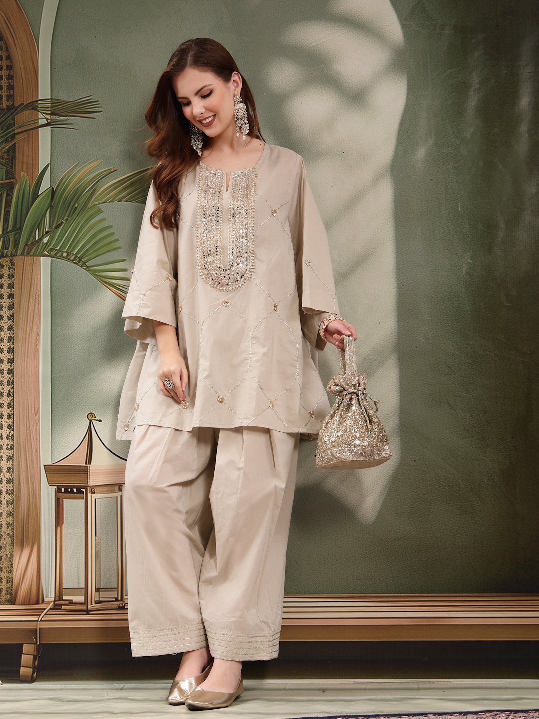 Oversized Embroidered Yoke Cotton Kurta Salwar Set For Women