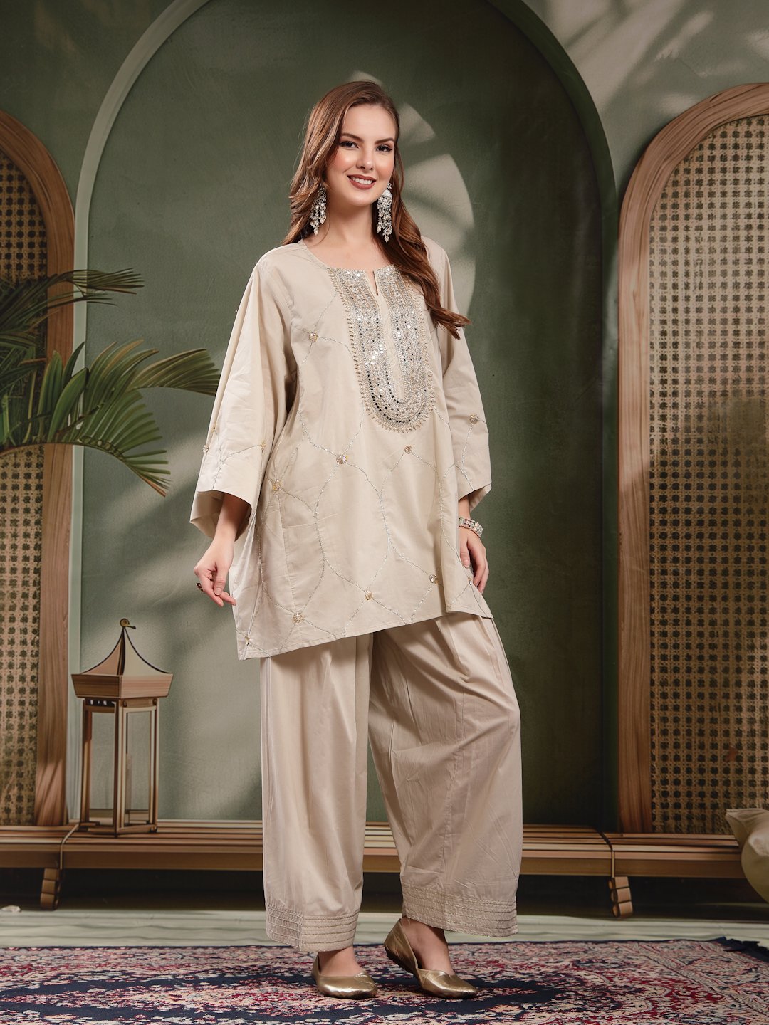 Oversized Embroidered Yoke Cotton Kurta Salwar Set For Women