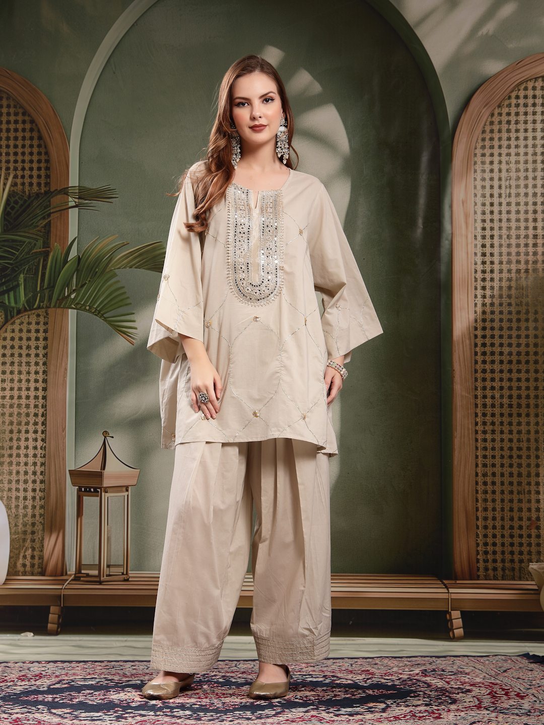 Oversized Embroidered Yoke Cotton Kurta Salwar Set For Women