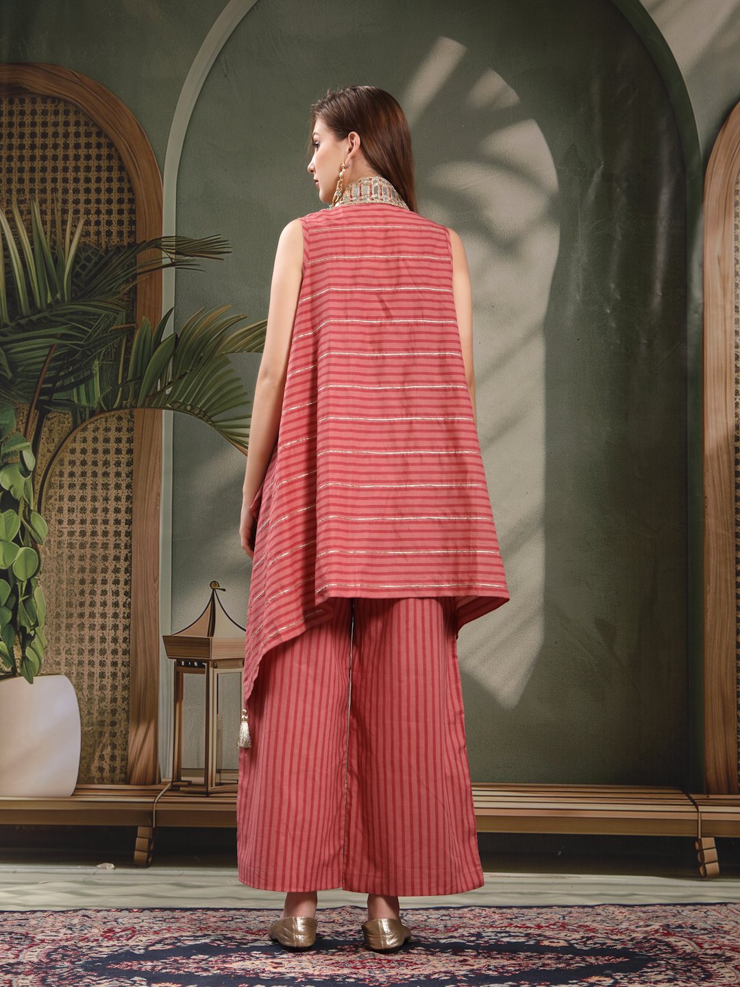 Pink Mirror Work Three-Piece Cotton Co-Ord Set For Women