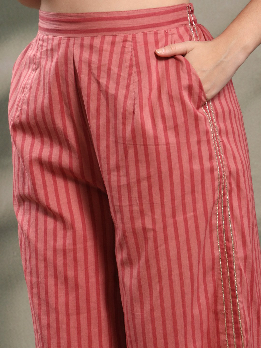 Pink Mirror Work Three-Piece Cotton Co-Ord Set For Women