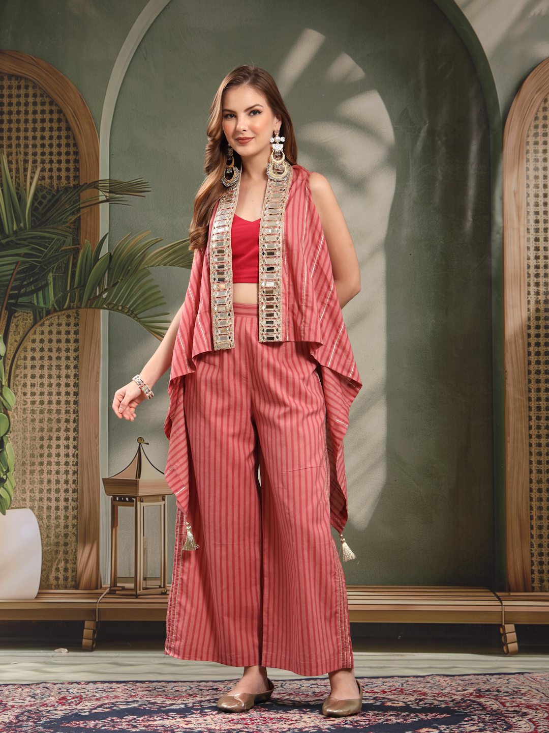 Pink Mirror Work Three-Piece Cotton Co-Ord Set For Women