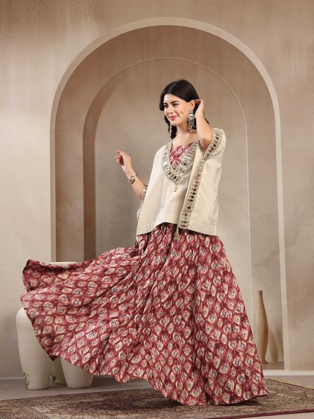 Statement Mirror Work Cape & Skirt Co-Ord Set For Women