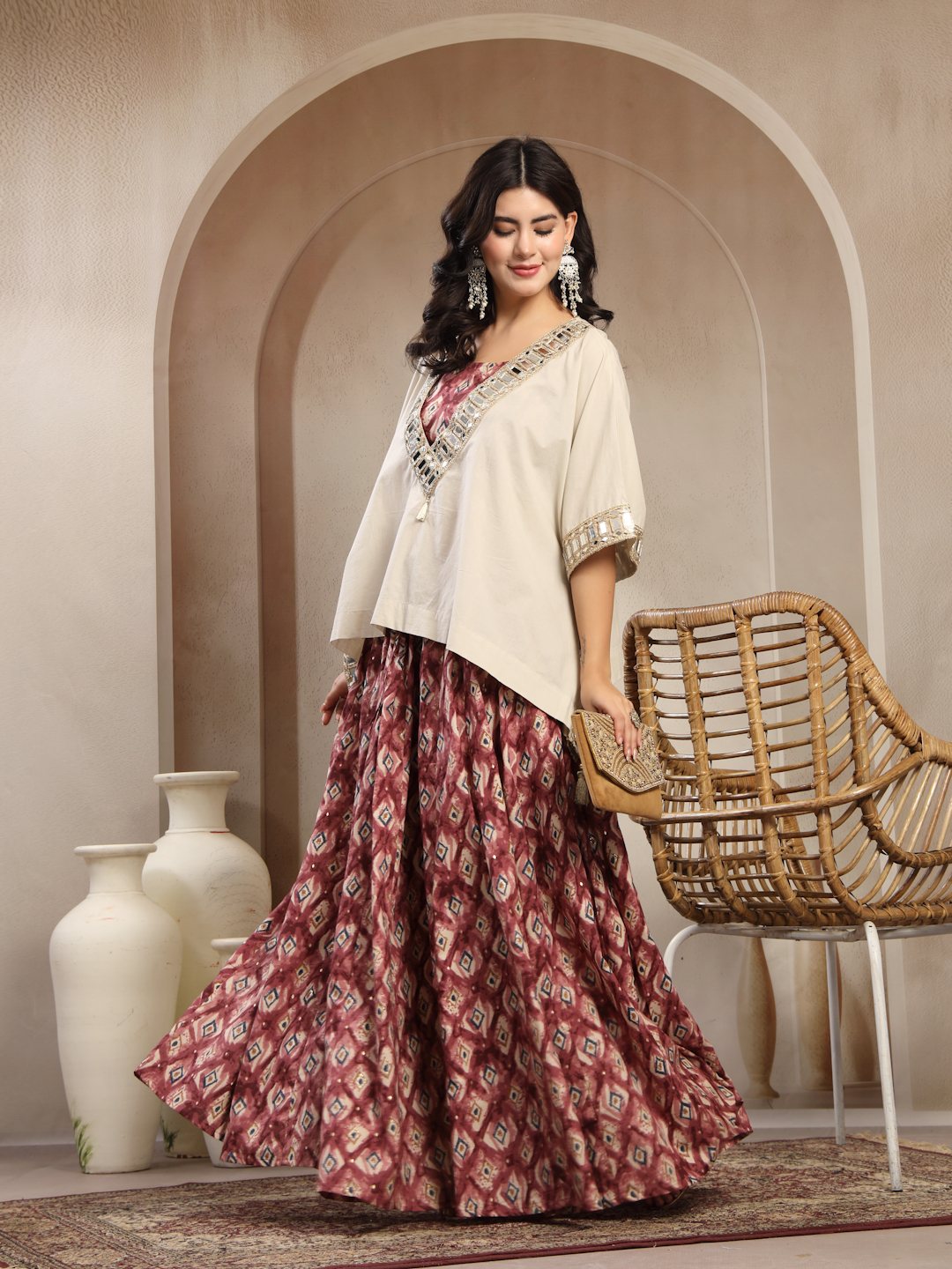 Statement Mirror Work Cape & Skirt Co-Ord Set For Women