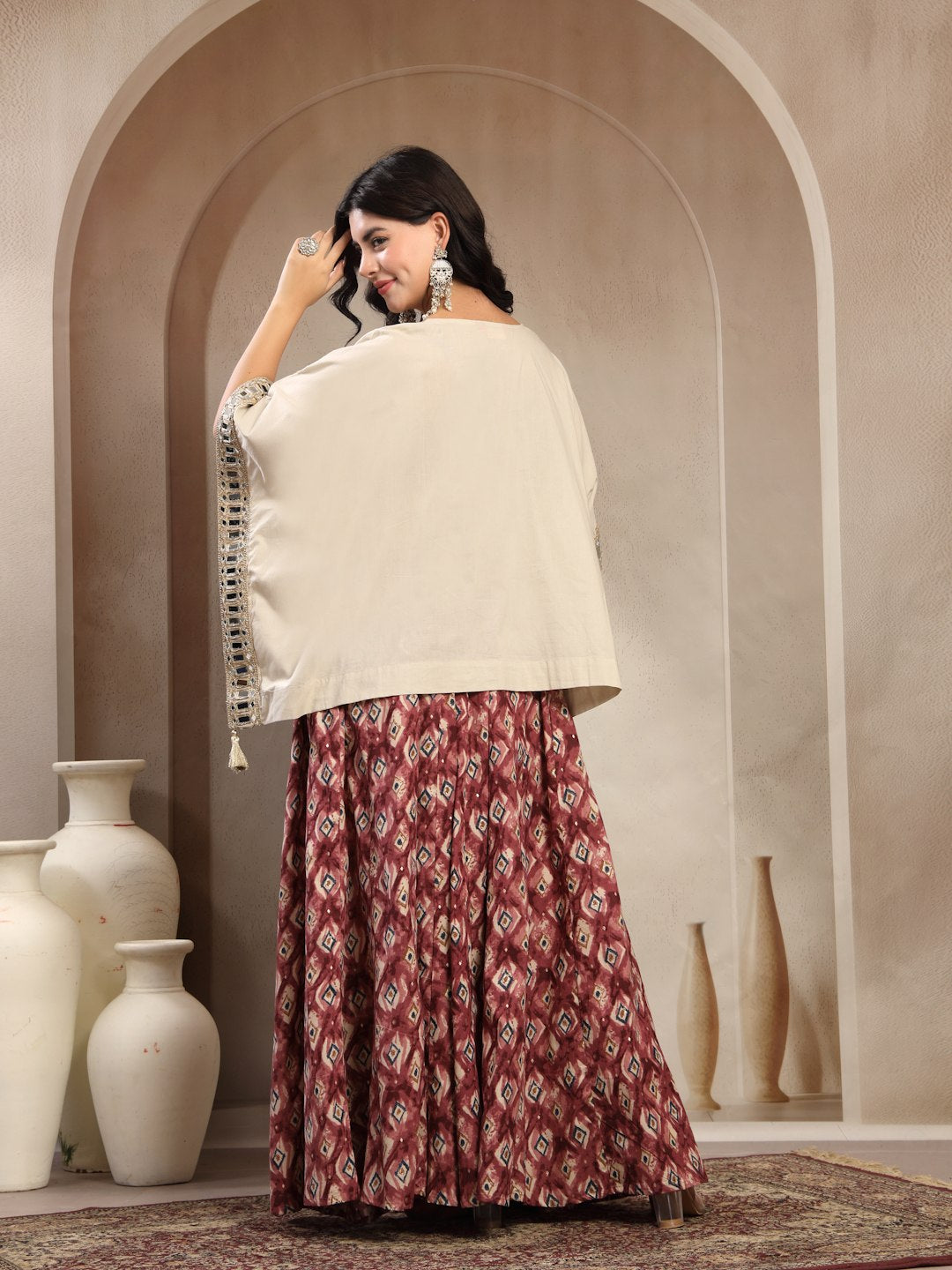 Statement Mirror Work Cape & Skirt Co-Ord Set For Women