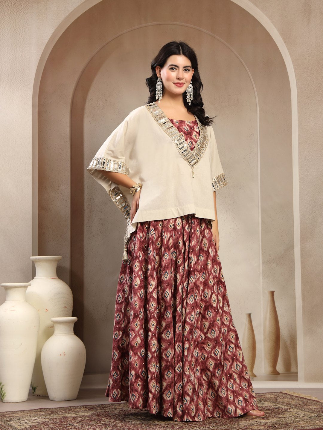 Statement Mirror Work Cape & Skirt Co-Ord Set For Women