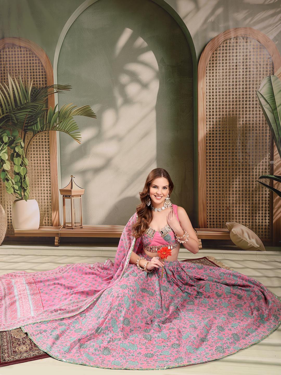 Lehenga Choli de créateur avec manches vertes pour femmes