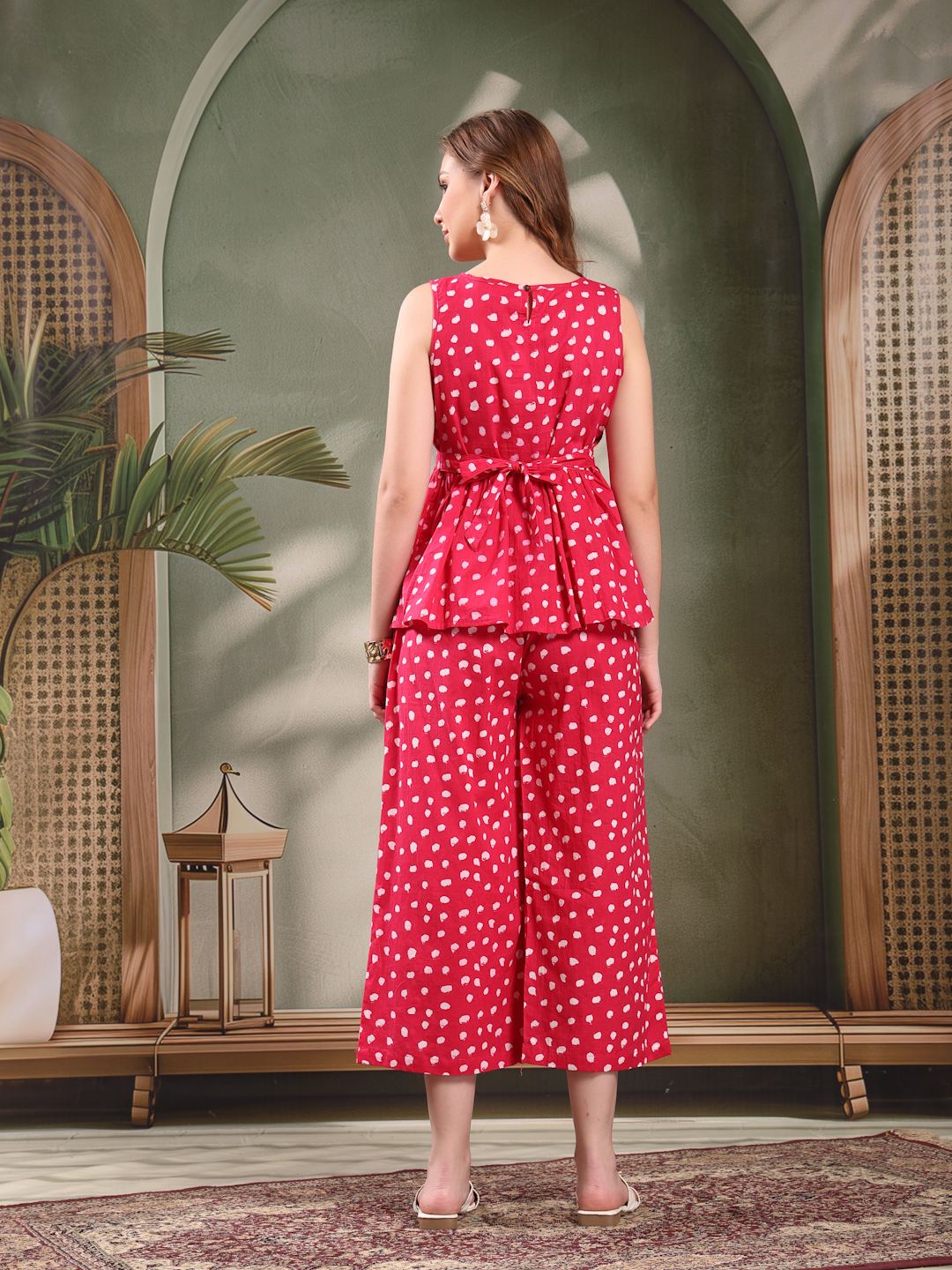 Red Polka Cotton Co-Ord Set For Women