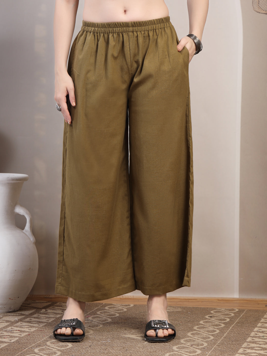 Olive Cotton Palazzo Pants for Women - view 1