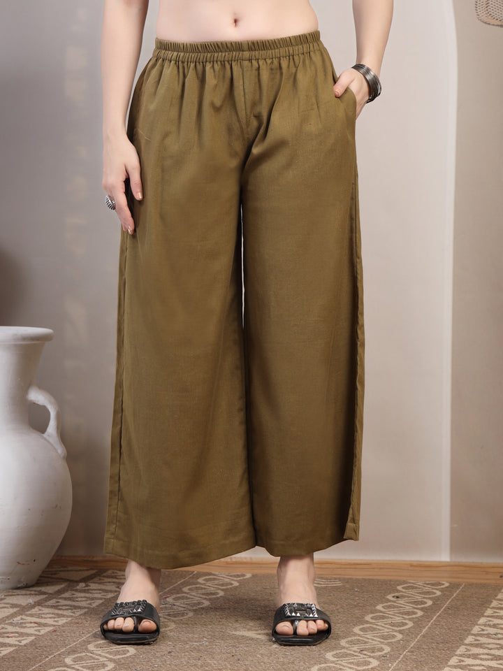 Olive Cotton Palazzo Pants for Women - view 1