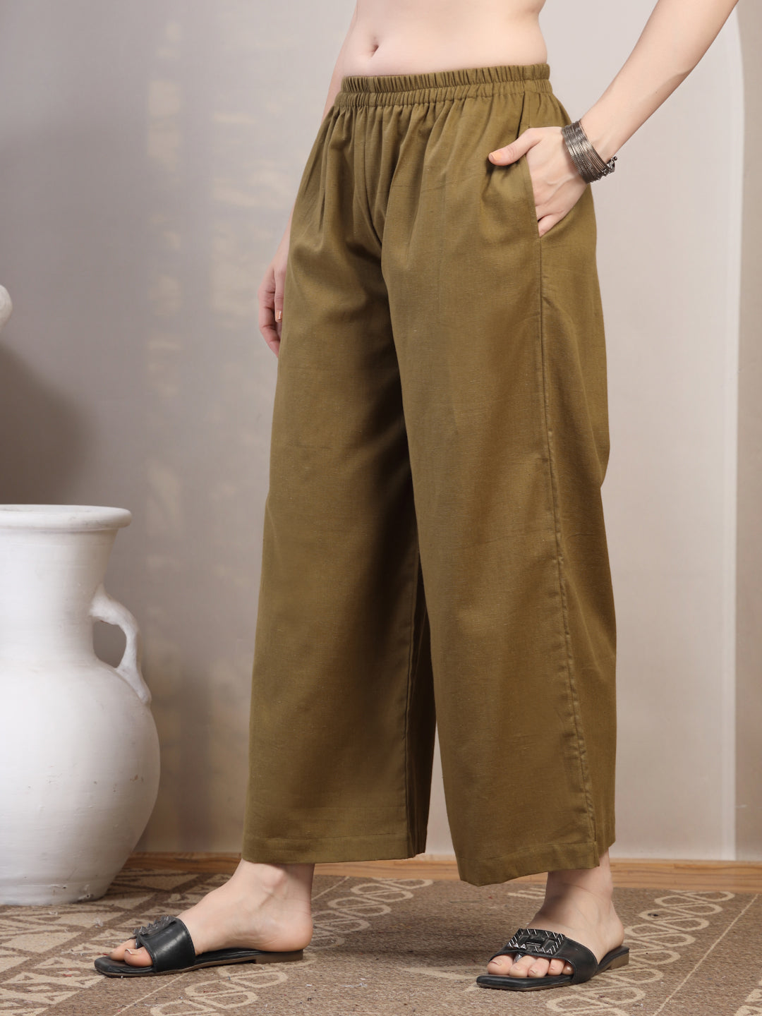 Olive Cotton Palazzo Pants for Women - view 2