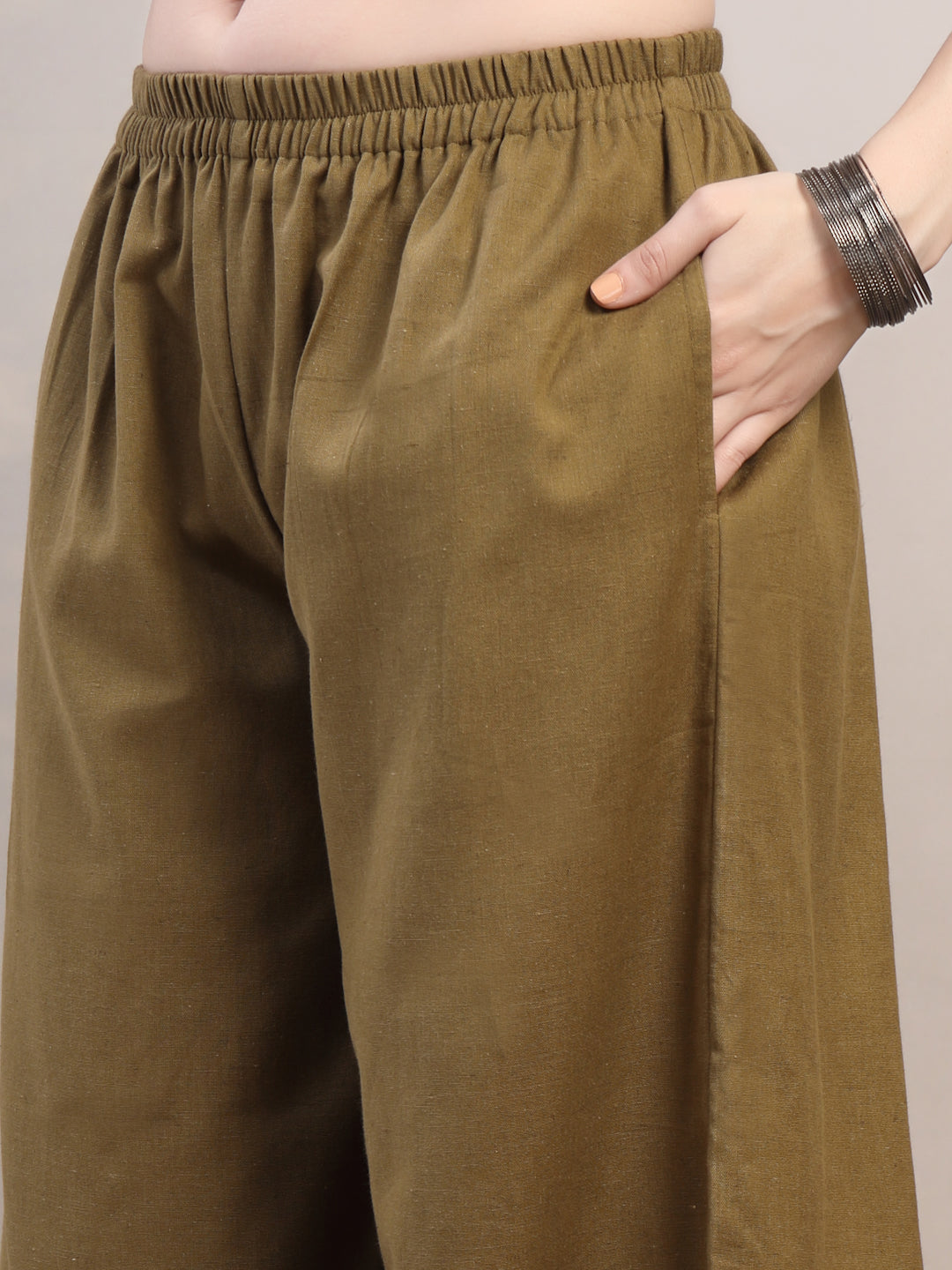 Olive Cotton Palazzo Pants for Women - view 3