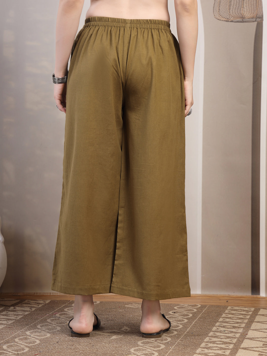 Olive Cotton Palazzo Pants for Women - view 4