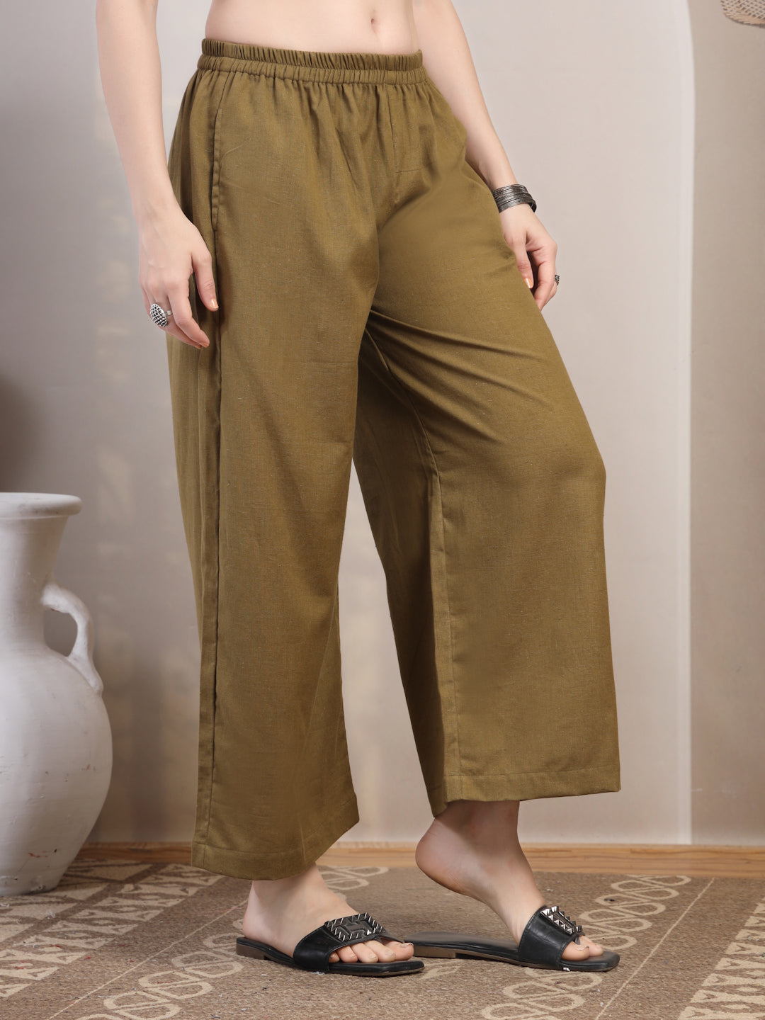 Olive Cotton Palazzo Pants for Women - view 5