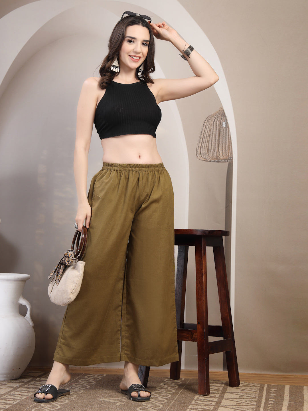 Olive Cotton Palazzo Pants for Women - view 7