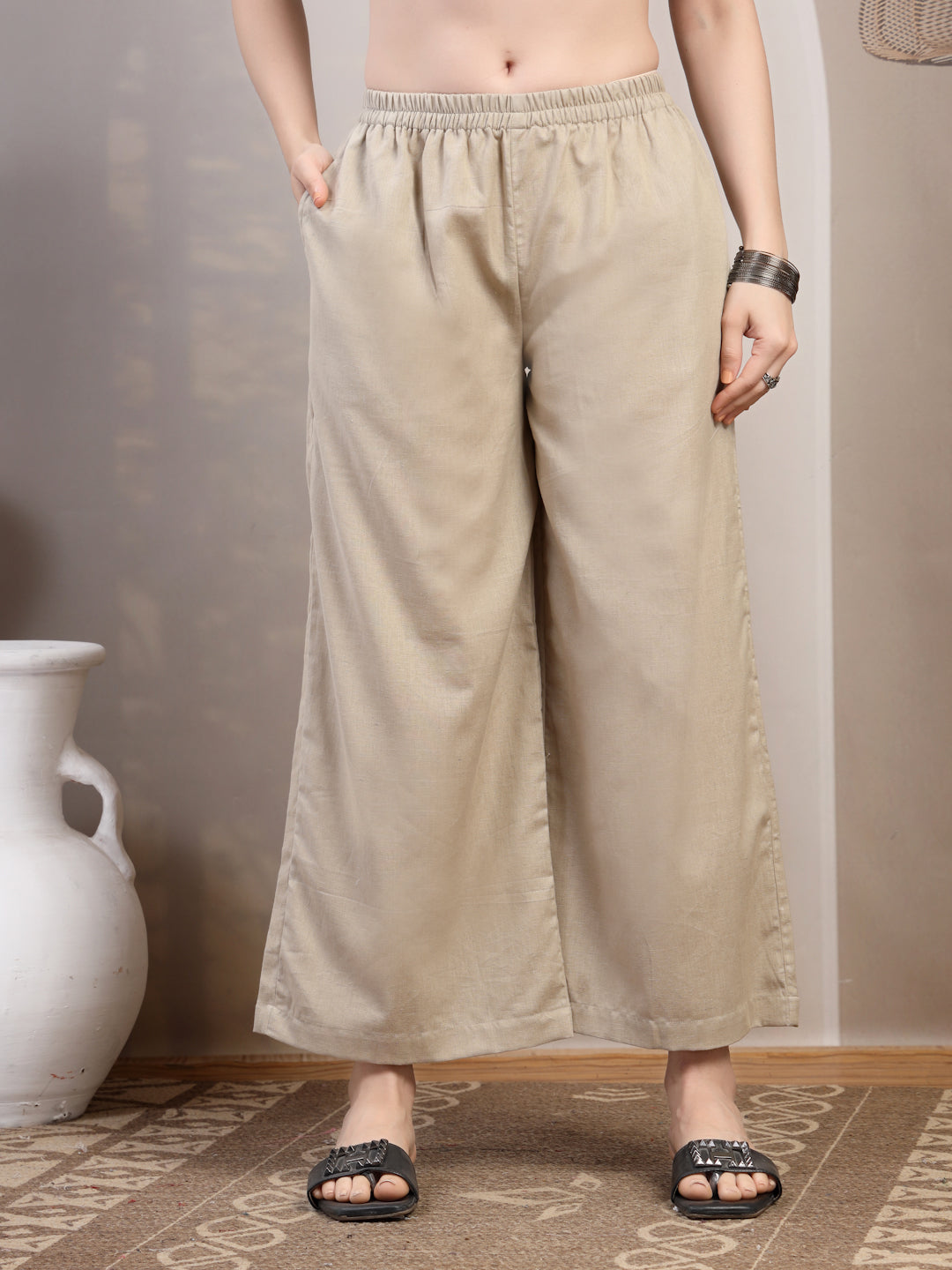 Beige Cotton Palazzo Pants for Women - view 1
