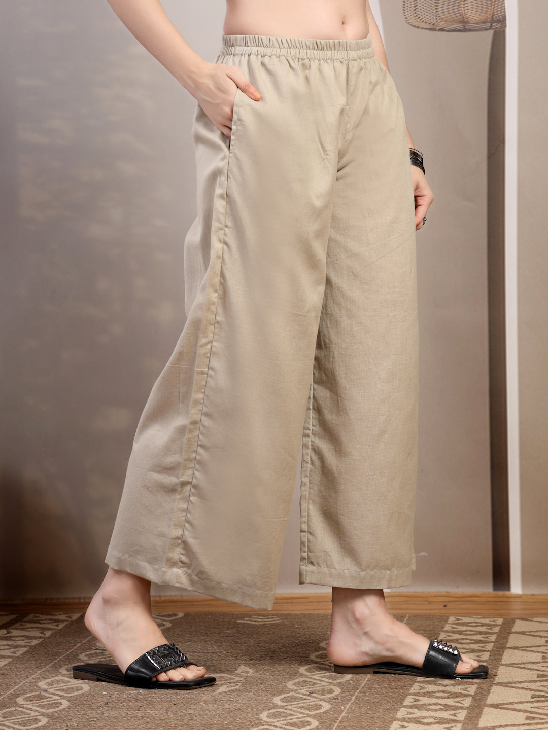 Beige Cotton Palazzo Pants for Women - view 2