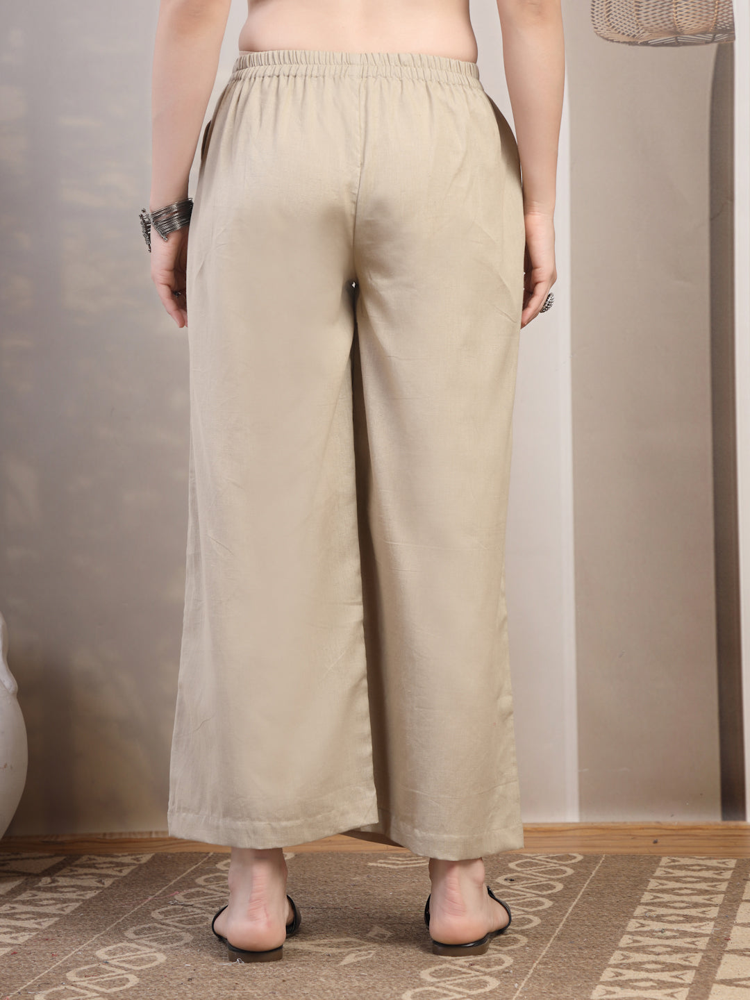 Beige Cotton Palazzo Pants for Women - view 4