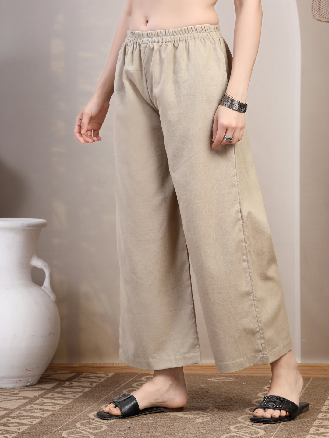 Beige Cotton Palazzo Pants for Women - view 5