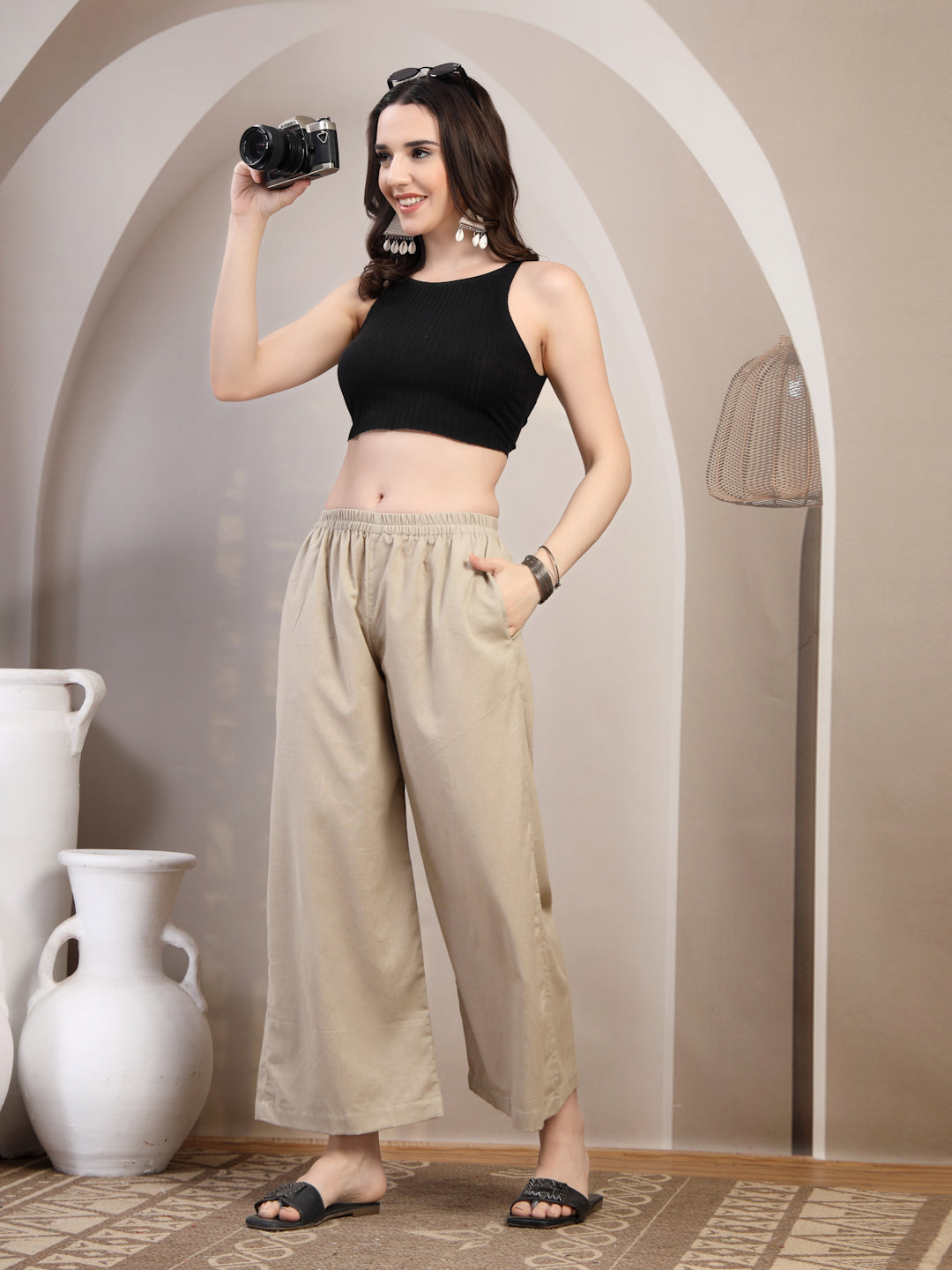 Beige Cotton Palazzo Pants for Women - view 7